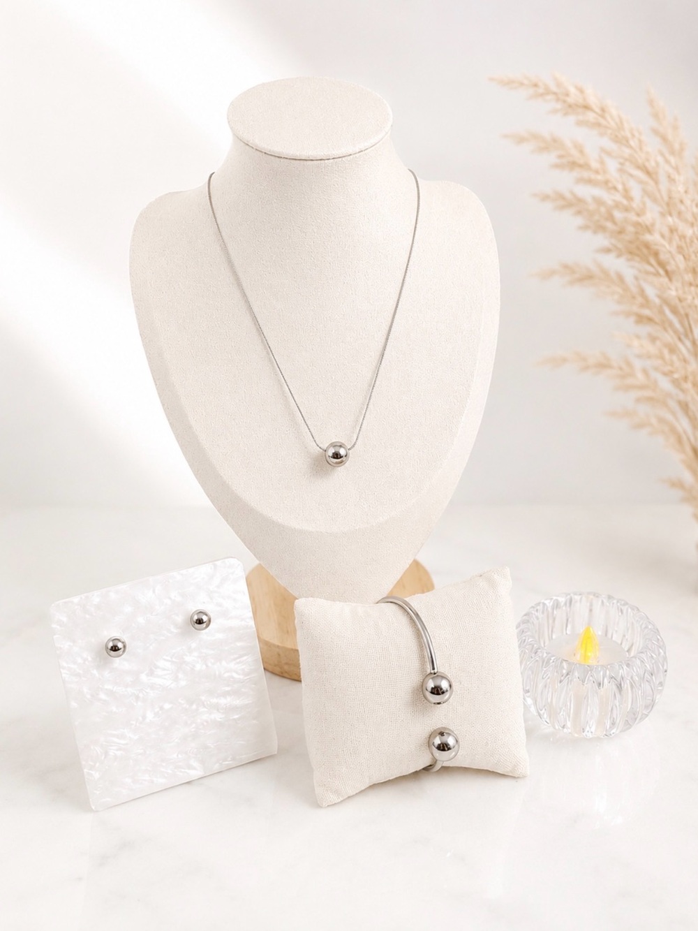 Silver Ball Pendant Necklace, Bracelet & Stud Earring Set